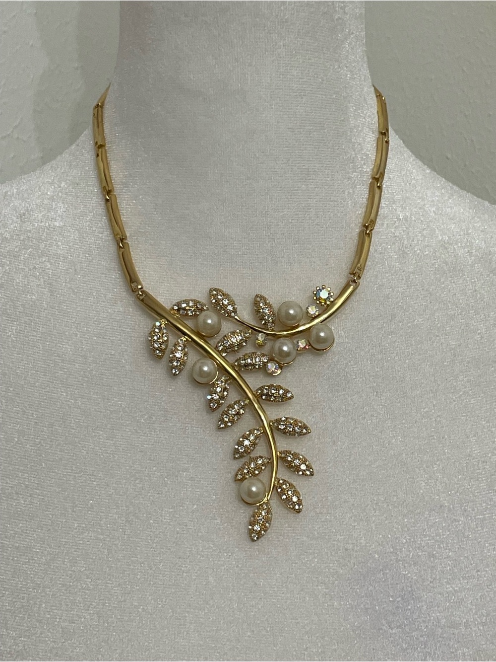 Gold Pearl and Crystal Leaf Necklace